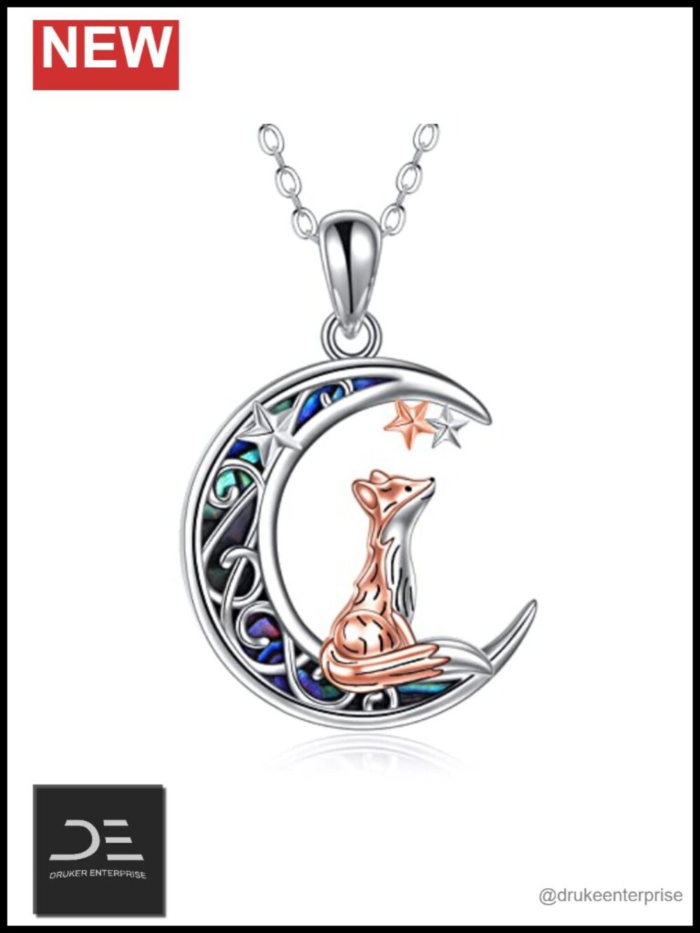 925 Sterling Silver Fox Moon Pendant Necklace Animal Jewelry for Women